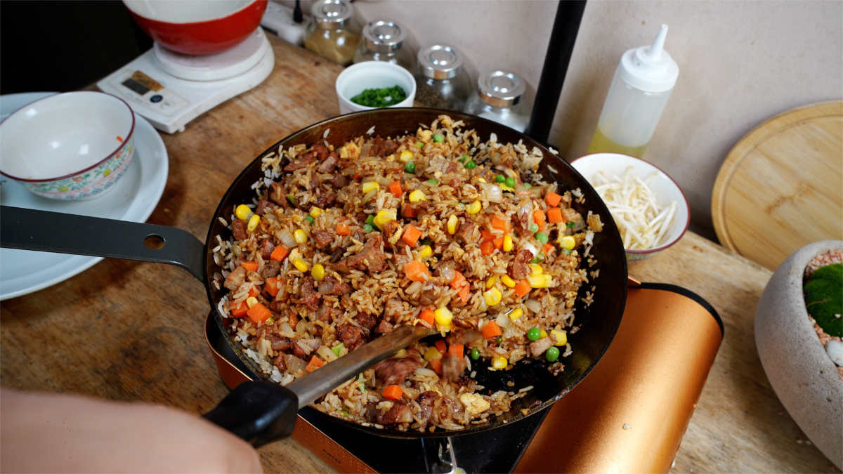 Cooking roast pork fried rice